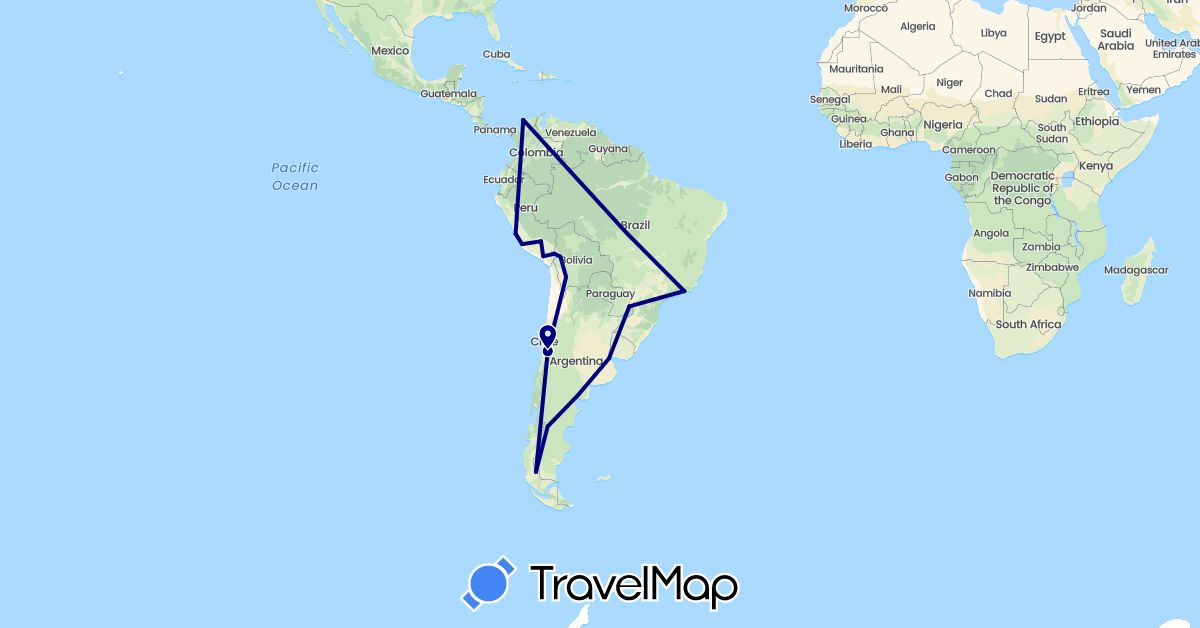 TravelMap itinerary: driving in Argentina, Bolivia, Brazil, Chile, Colombia, Peru (South America)